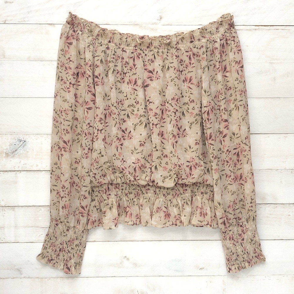 Kori Floral Chiffon Off-Shoulder Peasant Top Blouse • Tan Floral • Sz L • EUC